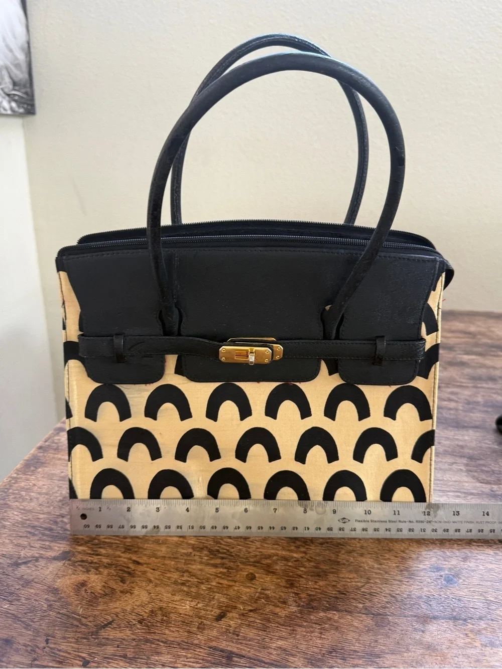 Isabella Fiore Black & Ivory Canvas Leather Satchel Handbag Geometric Print Gold